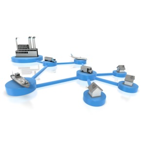This clip art image shows a shipping distribution network.  
