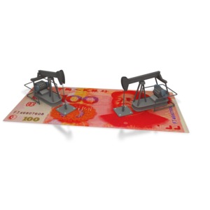 This clipart shows two oil pumps on top of Chinese currency.