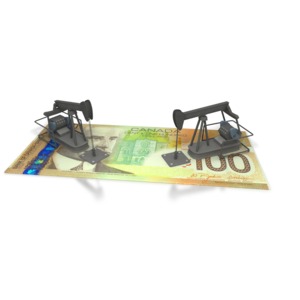 This clipart shows two oil pumps on top of a Canadian one hundred.