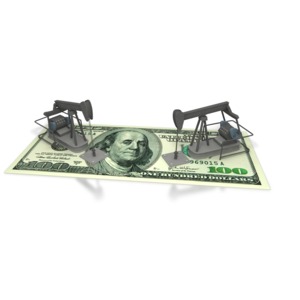 This clipart shows two oil pumps on top of an American one hundred dollar bill.