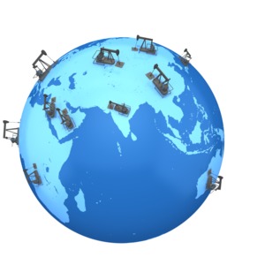 This clipart image shows the world with oil pump rigs spread out on various continents. 