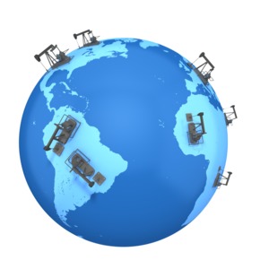 This clipart image shows the world with oil pump rigs spread out on various continents. 