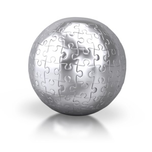 An image of a silver sphere of connected puzzle pieces.