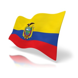 An image of the national flag of Ecuador. A 3D render at a perspective angle.