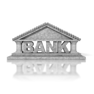 An image of a financial institution build out of pillars and the letter of the word BANK.  A financial concept of the strength and safety of banks.