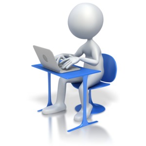 This clipart image shows a stick figure working on a laptop at a blue desk.