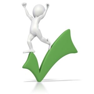 An image of a 3D figure standing on top of a green check mark.  The figure has his arms raised in celebration.  A concept of a job well done, or completing a task successfully.