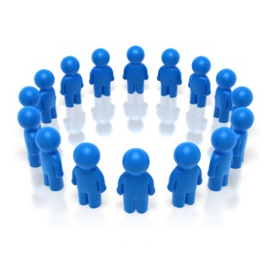 This clipart image shows sixteen blue stick figures standing in a circle.