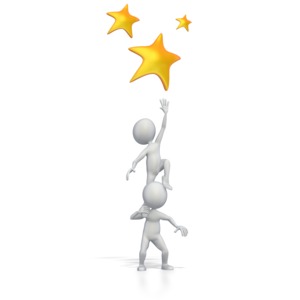 This concept clipart image shows two stick figures using teamwork to reach for the stars.