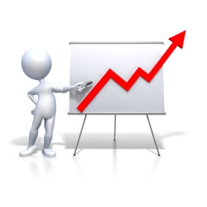 An image of a stick figure holding a pen pointing at an red arrow going up.