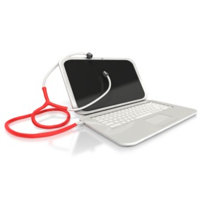 This clipart image shows a stethoscope plugged into a computer by a USB connection