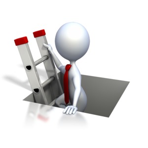 An image of a business type stick figure climbing out of a square hole. A corporate ladder concept.