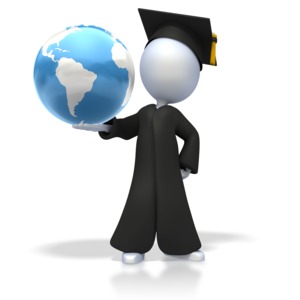 An image of a graduate holding up the earth.  A concept of an education unlocking the world.