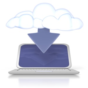 An image of a netbook or laptop computer downloading from the cloud or the Internet. A web 2.0 concept or wireless technology to communicate on-line.