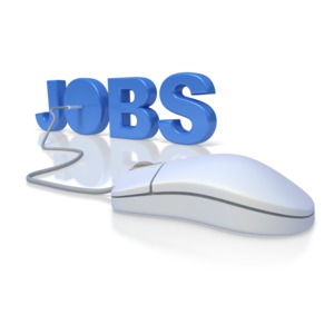 This clipart image shows a USB mouse connected into the O of the text that spells out JOBS.