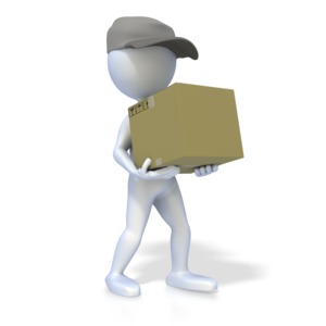 An image of a 3D stick figure carrying a package.  A concept of delivering a parcel or moving something.