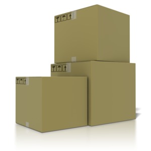 A stack of three cardboard boxes are stacked together in the 3D rendered image.