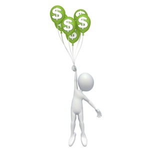 This clip art image shows a stick figure floating away holding on to a group of green balloons with money symbols on them.