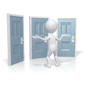 In this clip art image a stick figure tries to make a decision which door to enter.  This could be used in presentations about problems, decision making, confusion, uncertainty and choices.  