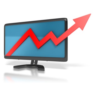 This clip art image shows a computer monitor with a graph arrow rising out of it.  This graphic would be great for any PowerPoint showing a growth or increase in sales, productivity, and website traffic.