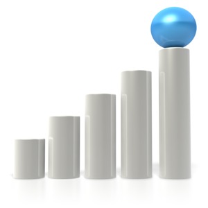 This clip art image shows a bar graph with a blue sphere sitting on the top bar.