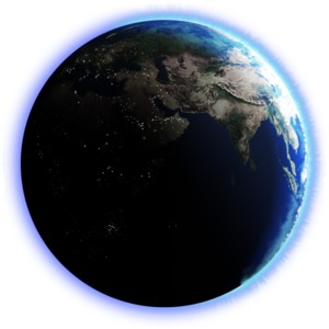 An image of Earth with city lights seen in the dark. Image looks best with a dark or black background.