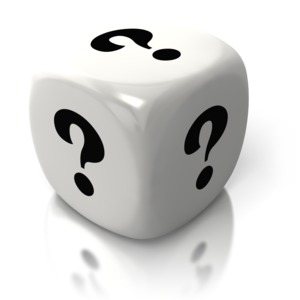 An image of question marks on a single white die.