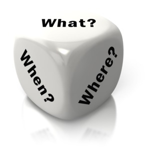 An image of a single white die with the words what, when, and where inscribed on three sides.