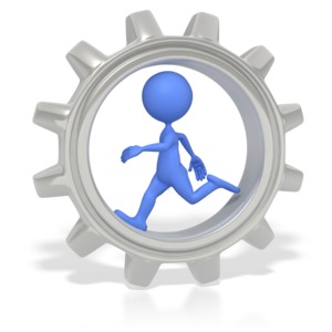This clip art image shows a blue stick figure running inside a chrome gear.