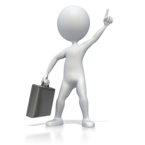 This clip art image shows a business stick figure giving a number one gesture with its hand while holding a briefcase in the other hand.