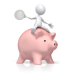 This clip art image shows a stick figure riding a piggy back while holding a big quarter in one hand.