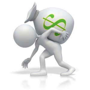 This clip art image shows a stick figure carrying a big money bag on its back.  This graphic could be used in presentation about finances, business, loans, and debt.