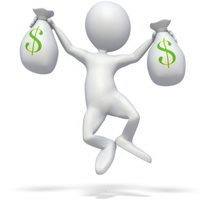 This clip art image shows a stick figure jumping with joy holding a money bag in each hand.  