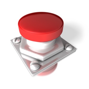 An image of a large mechanical red push button.