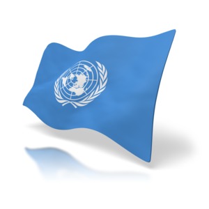 A 3D rendered image of the flag of the United Nations