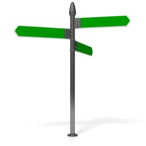 A green traffic or street sign has three blank panels indicating three options or choices in the 3D rendered image.