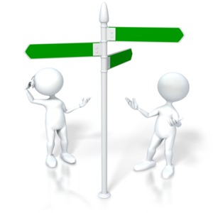 Two 3D stick figures look up at a blank street sign.  They are confused and trying to make a decision as to which path to follow.  A concept image of making a decision or choosing from many options.