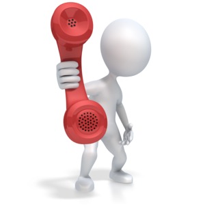 A 3d render of a stick figure holding a retro telephone handset.  A concept of give us a call or telephone communications.