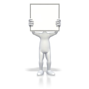 This clip art image shows a stick figure holding a blank sign in front of its face.