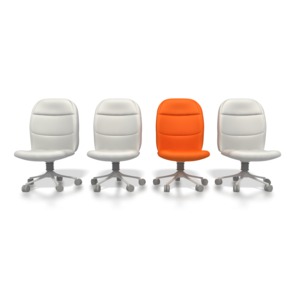 This clip art image shows four chairs  in a row with on standing out in an orange color.  This graphic displays concepts of individuality, leadership, and success