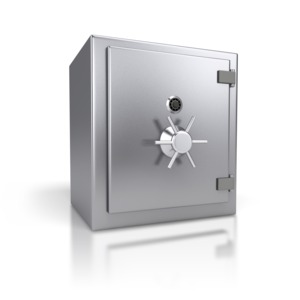 An image of a steel safe closed.