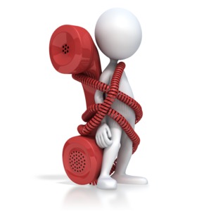 An image of a 3D stick figure tied to a red phone by the phone cord.  A concept of working too much or being tied to work.