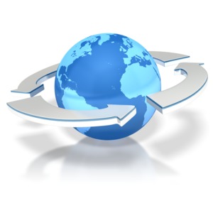 This clip art image shows a blue earth with four arrows circling it.
