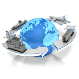 This clip art image shows a four logistic arrows circling around the earth.  