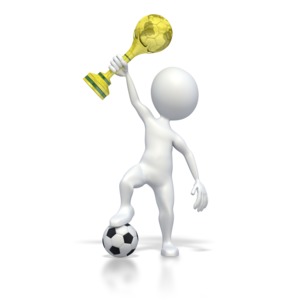 This clip art image shows a stick figure lifter a soccer trophy high into the air and he rest his right foot on a soccer ball.