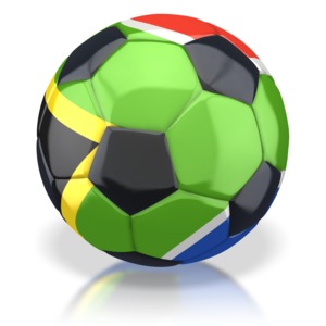 This clip art image shows a soccer ball with the South African flag colors on it.  South Africa will host the world soccer tournament in 2010.    
