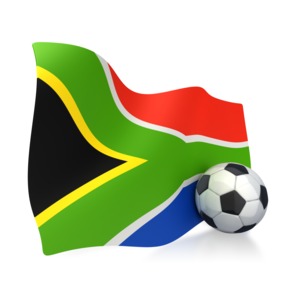 This clip art image shows the South Africa flag with a soccer ball sitting next to it.  South Africa will host the world soccer tournament in 2010.    