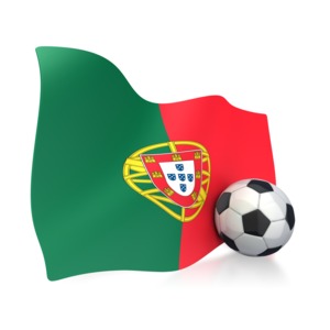 This clip art image shows a Portugal flag with a soccer ball sitting next to it.  