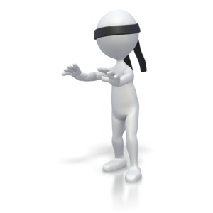 This clip art image shows a stick figure with a blindfold on.  This graphic displays concepts of being lost, confused, searching, uncertainty, and mystery. 