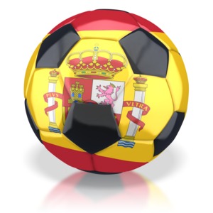 This clip art image shows a soccer ball with a Spain flag on it.